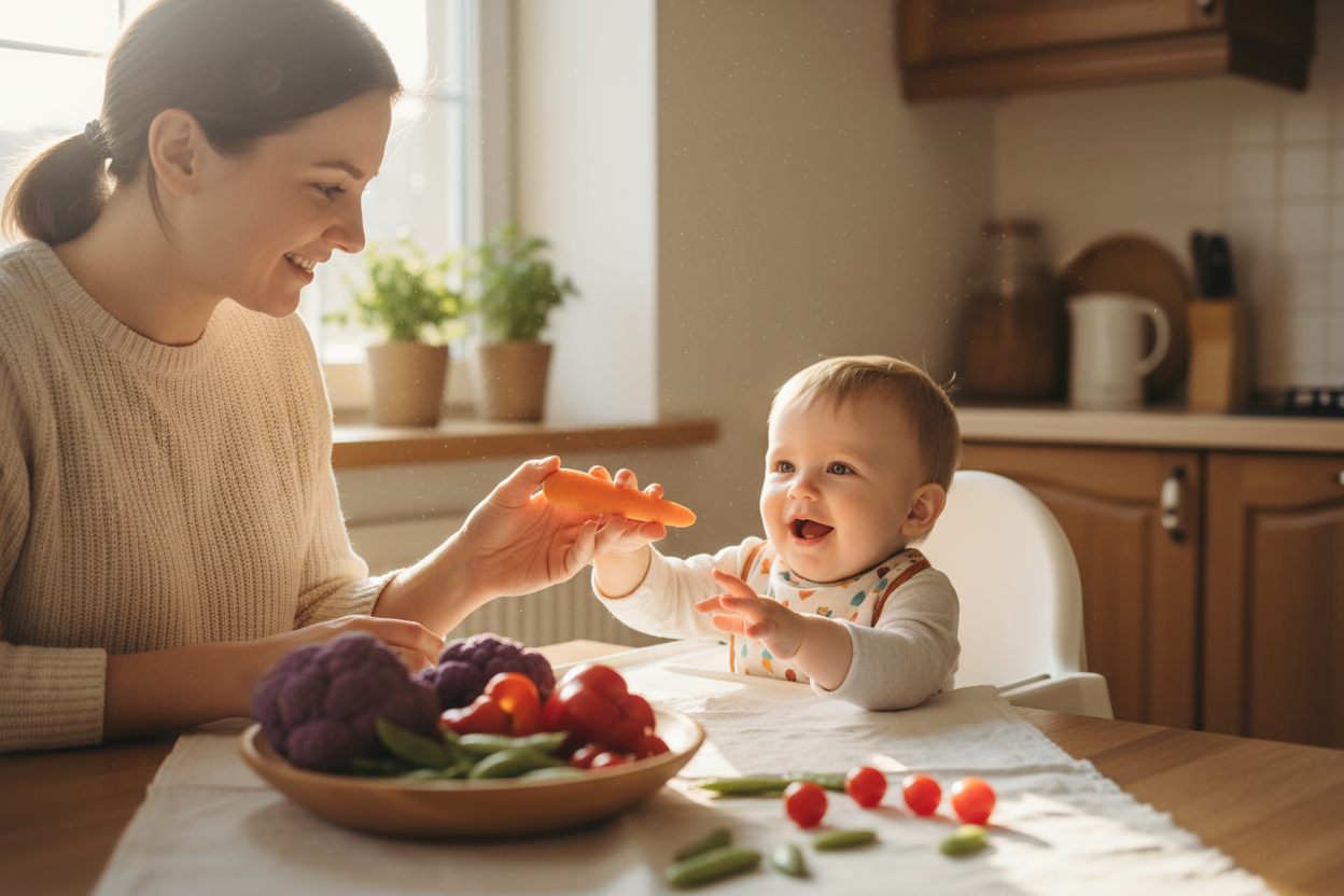 create an imagen in real life related to this statement: Let’s swap pressure for play. When kids feel forced, they resist; when they feel safe, they explore. Try offering food with curiosity: “This carrot is crunchy like a stick!” instead of “Eat your carrots.”

Remember: You decide what and when. Your child decides if and how much.

This balance builds trust and makes mealtimes peaceful again.