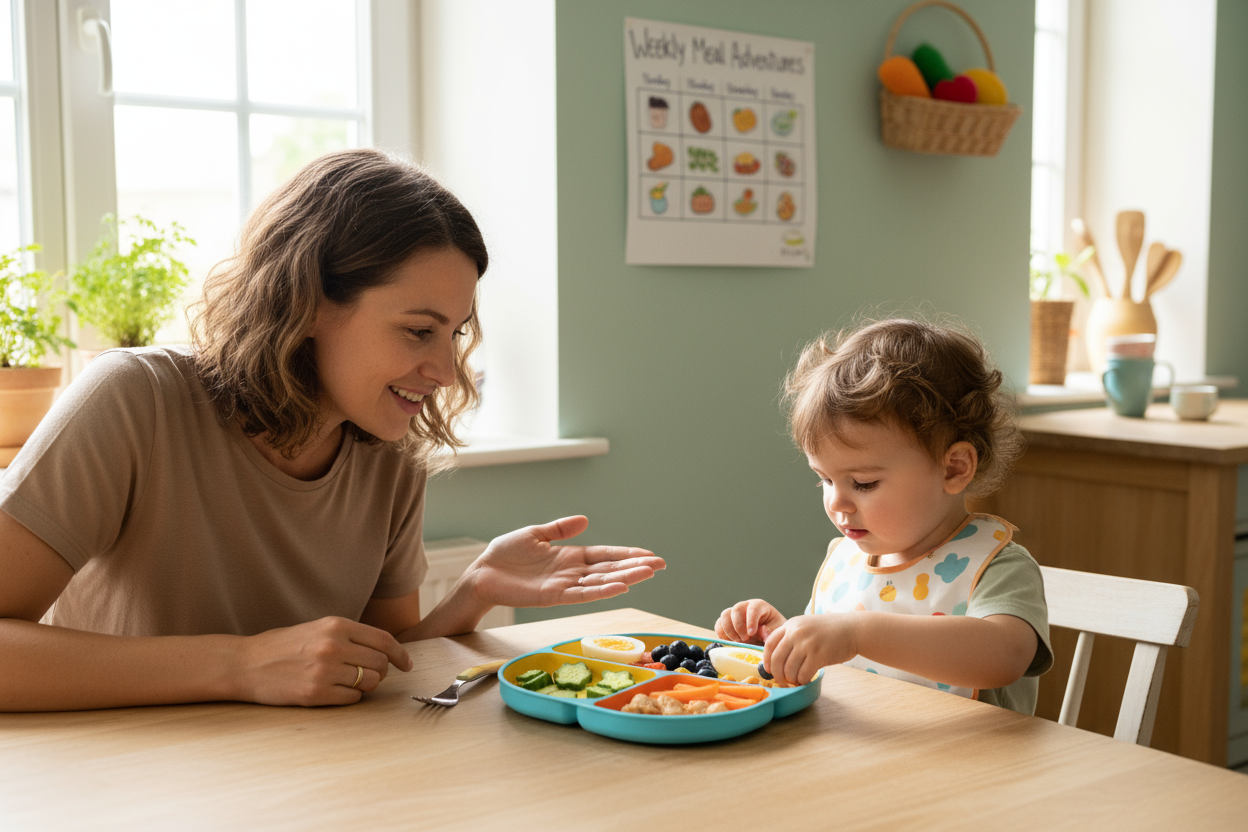 create an imagen that can be related with the following statement: n this guide, you'll learn:

Why picky eating is actually a normal phase.
How to turn stress into success during meals.
Simple, realistic tips that fit your busy life.
Ways to introduce new foods without battles.

You don’t need to cook fancy meals or follow strict rules—just a little creativity and consistency can make a big difference.